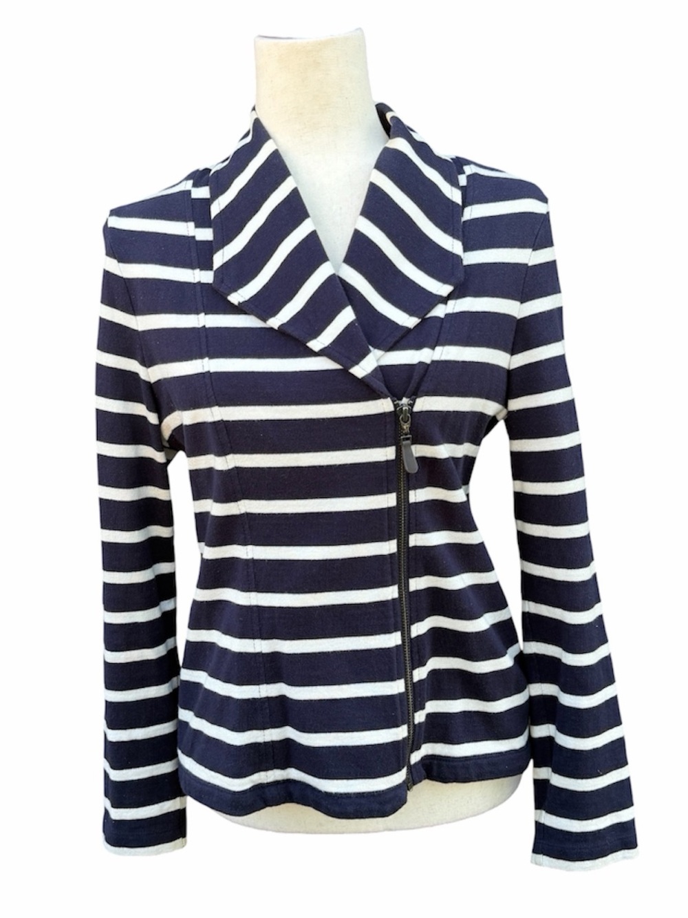 Talbots Striped Navy & White Asymmetrical Zip Moto Nautical Jacket Blazer MP